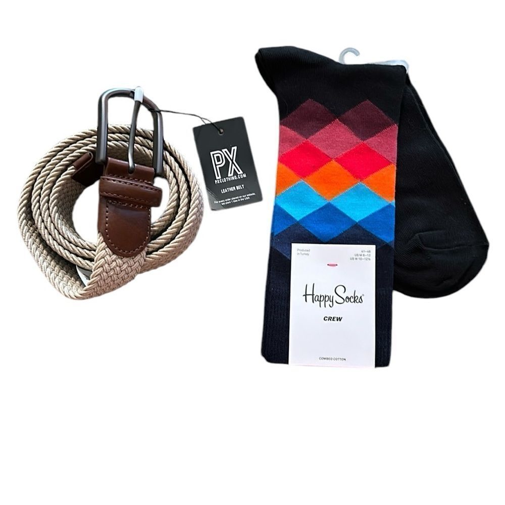 NEW PX Mens Beige Stretch Belt And Free Happy Socks